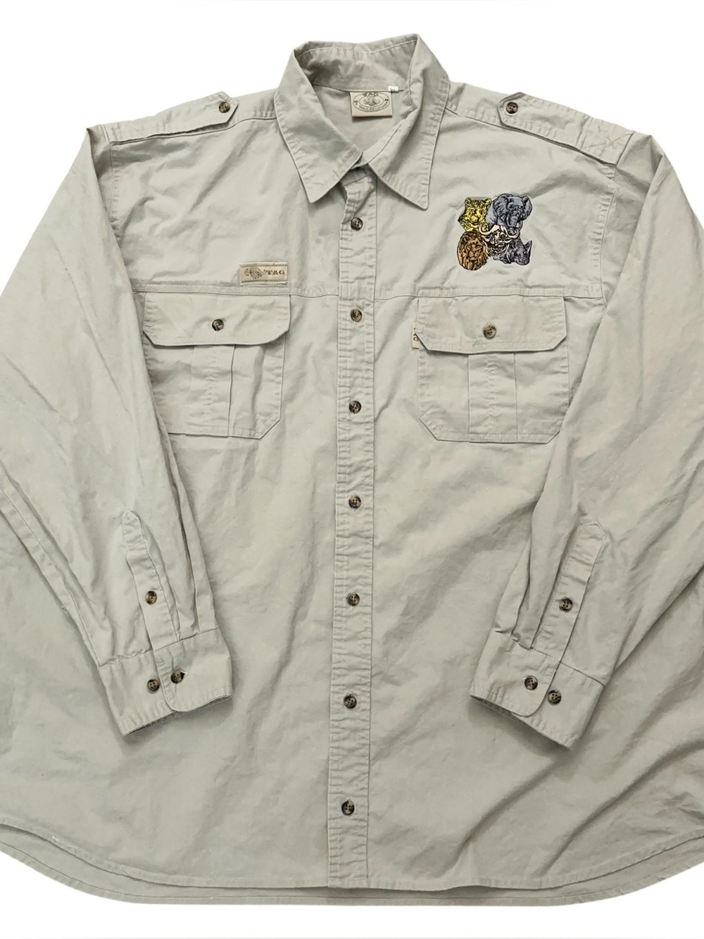 Tag Safari Shirt Mens XL Long Sleeve Animal Patch Africa Zoo Beige Vintage